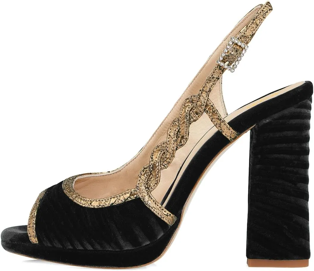 XYD Women Graceful Slingback Sandals Peep Toe Velvet Slip On Crystal Buckle Strap Block High Heel Pumps Evening Dress Shoes