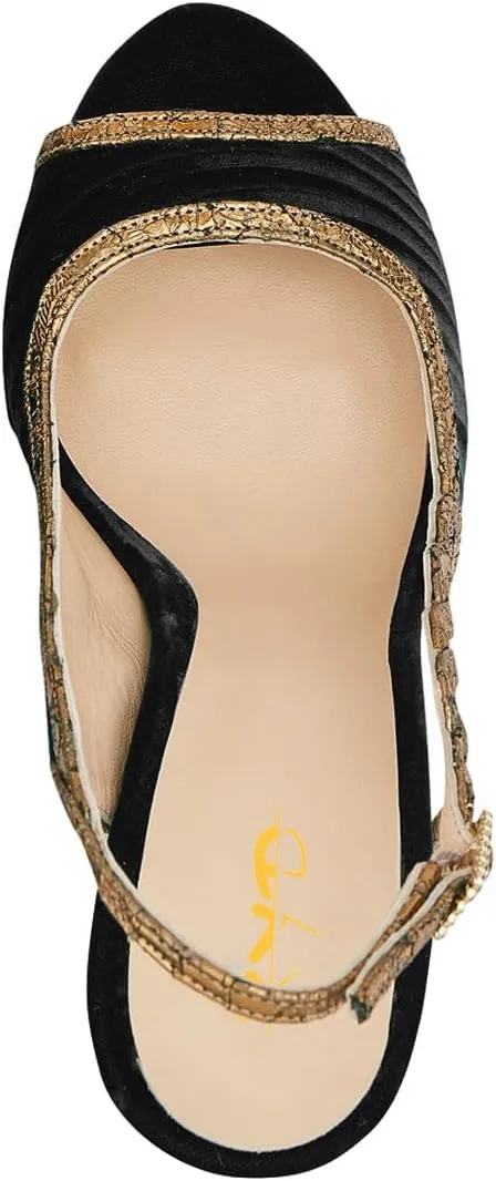 XYD Women Graceful Slingback Sandals Peep Toe Velvet Slip On Crystal Buckle Strap Block High Heel Pumps Evening Dress Shoes