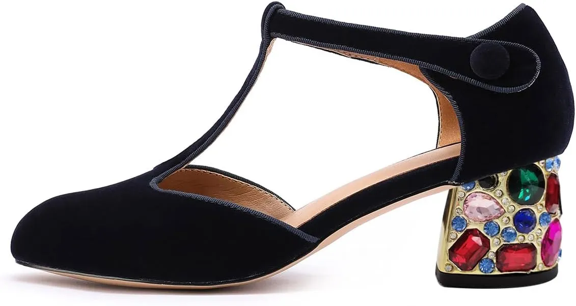 XYD Women Vintage Velvet T-Strap Pumps Closed Round Toe Rhinestone Block Heels Ballroom Dance Party Shoes