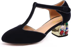 XYD Women Vintage Velvet T-Strap Pumps Closed Round Toe Rhinestone Block Heels Ballroom Dance Party Shoes