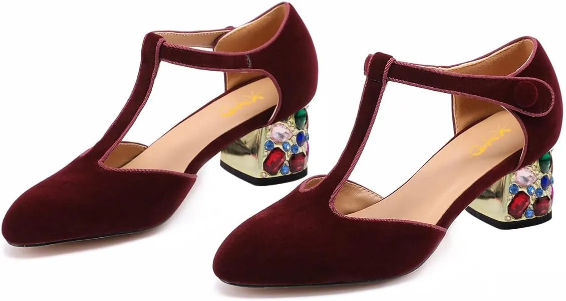 XYD Women Vintage Velvet T-Strap Pumps Closed Round Toe Rhinestone Block Heels Ballroom Dance Party Shoes