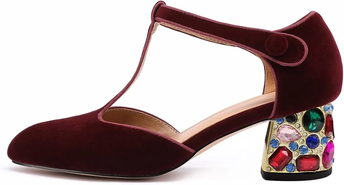 XYD Women Vintage Velvet T-Strap Pumps Closed Round Toe Rhinestone Block Heels Ballroom Dance Party Shoes