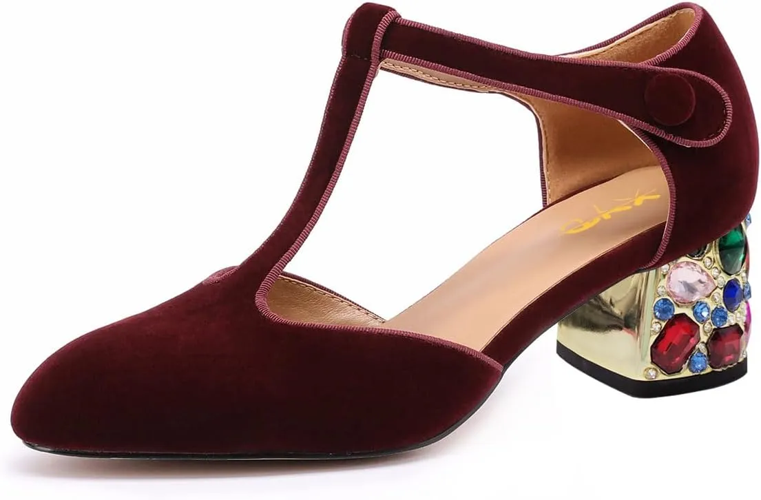 XYD Women Vintage Velvet T-Strap Pumps Closed Round Toe Rhinestone Block Heels Ballroom Dance Party Shoes