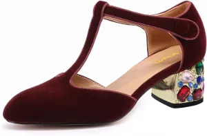 XYD Women Vintage Velvet T-Strap Pumps Closed Round Toe Rhinestone Block Heels Ballroom Dance Party Shoes