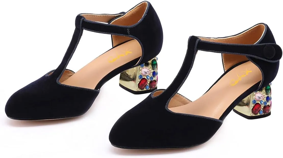 XYD Women Vintage Velvet T-Strap Pumps Closed Round Toe Rhinestone Block Heels Ballroom Dance Party Shoes