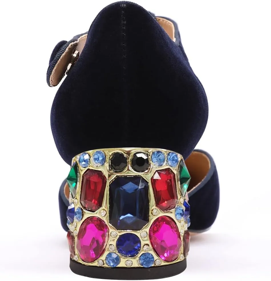 XYD Women Vintage Velvet T-Strap Pumps Closed Round Toe Rhinestone Block Heels Ballroom Dance Party Shoes