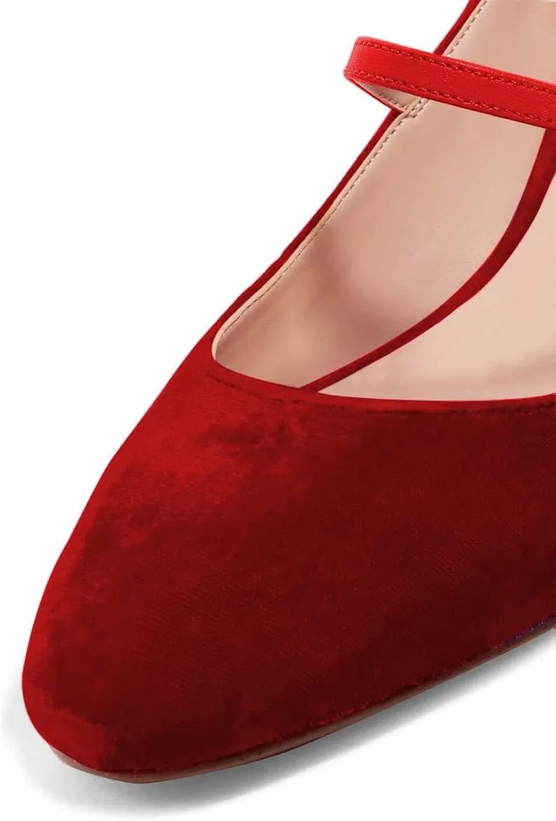 XYD Womens Retro Mary Jane Block Heel Pumps Velvet Ankle Strap Round Toe Dress Shoes