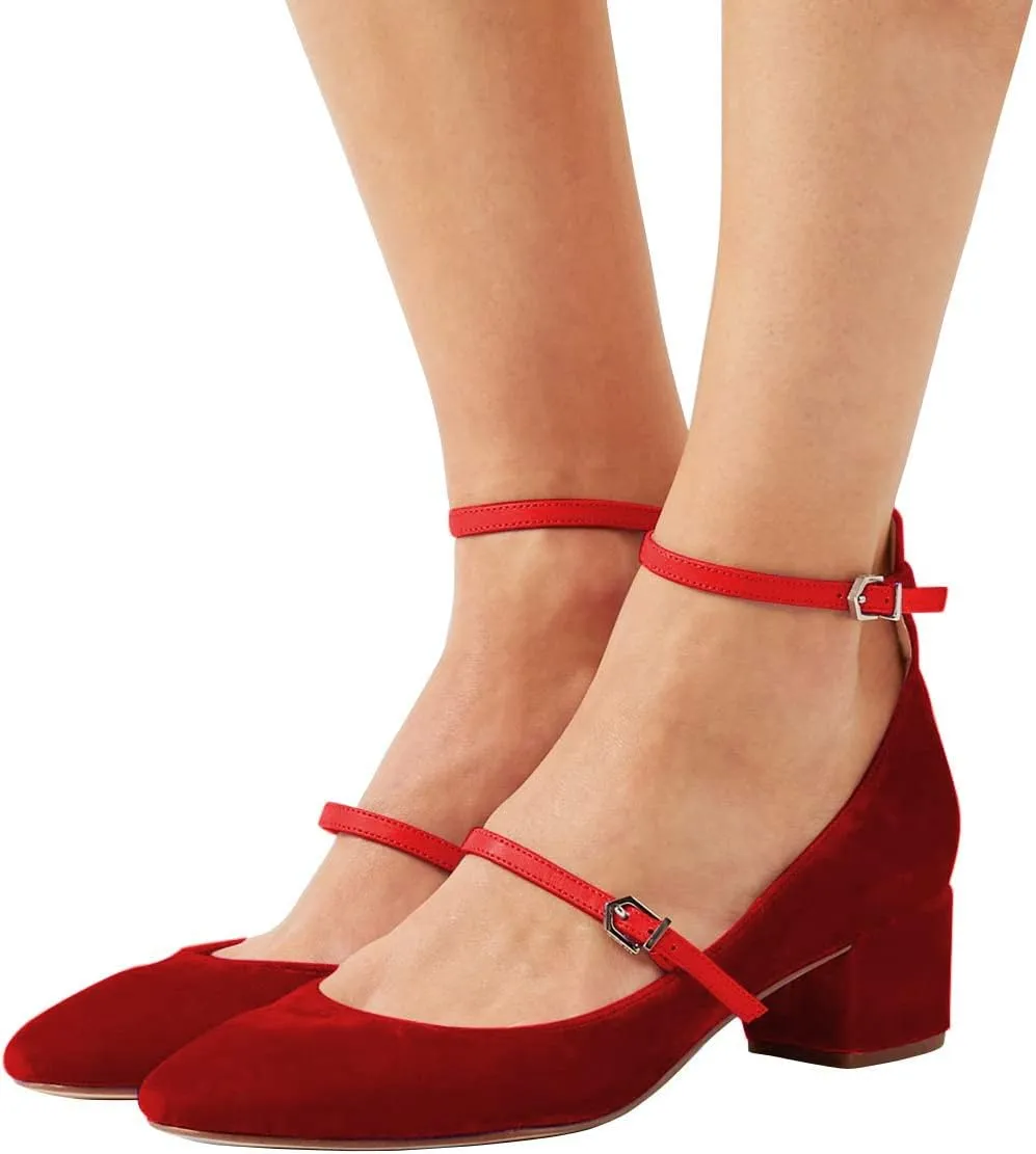 XYD Womens Retro Mary Jane Block Heel Pumps Velvet Ankle Strap Round Toe Dress Shoes