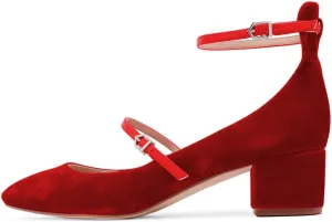 XYD Womens Retro Mary Jane Block Heel Pumps Velvet Ankle Strap Round Toe Dress Shoes