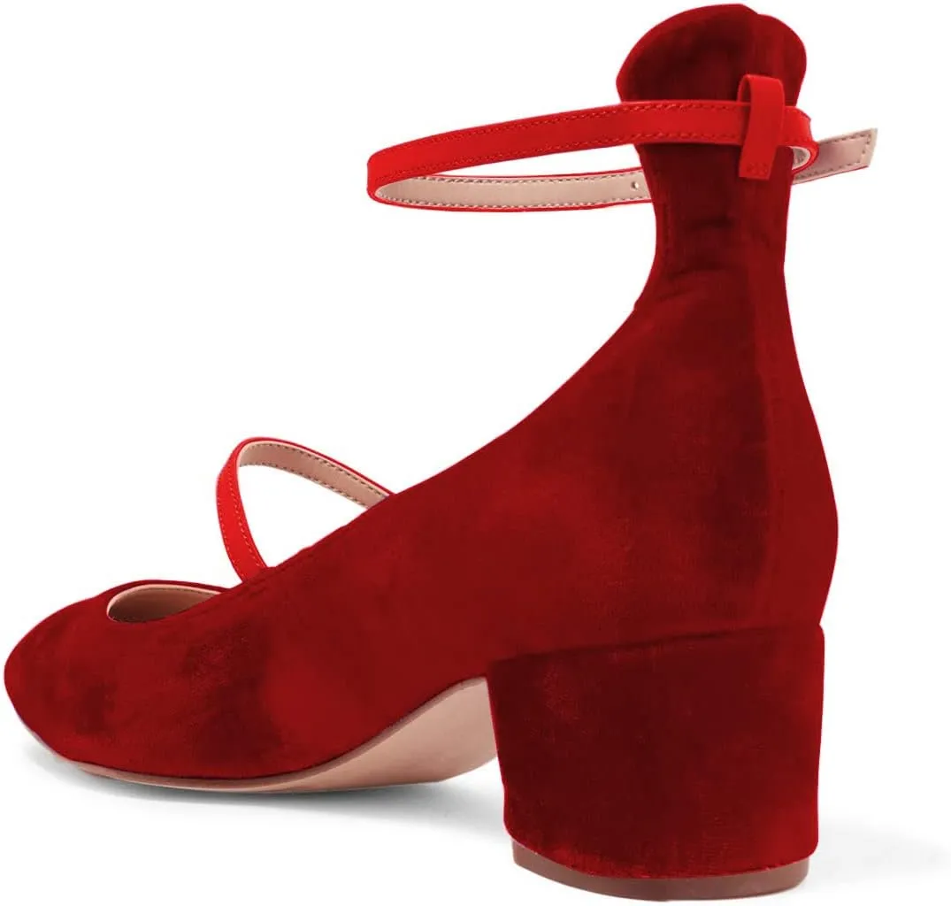 XYD Womens Retro Mary Jane Block Heel Pumps Velvet Ankle Strap Round Toe Dress Shoes