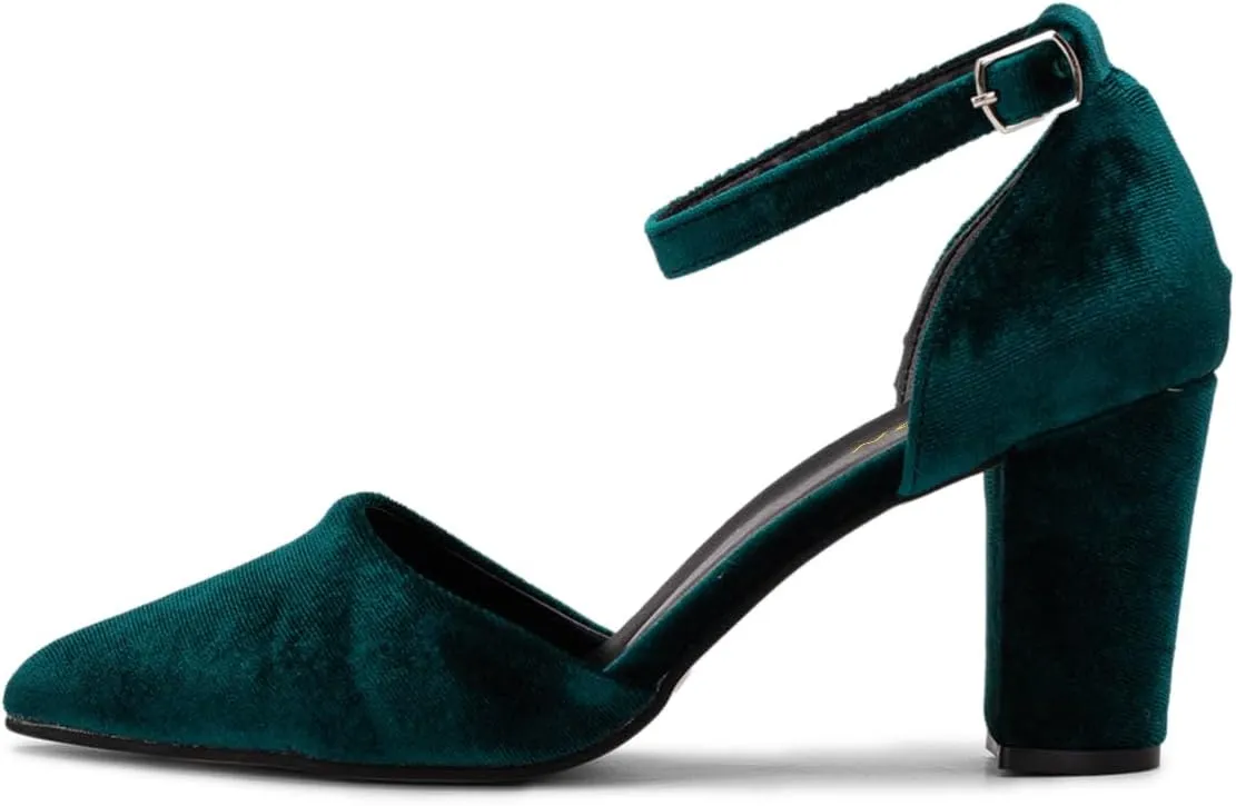 YDN Women's Chunky Mid Heel Pumps Ladies Pointed Toe D'Orsay Adjustable Buckled Ankle Strap Dress Prom Daily Shoes Size 4-16 US