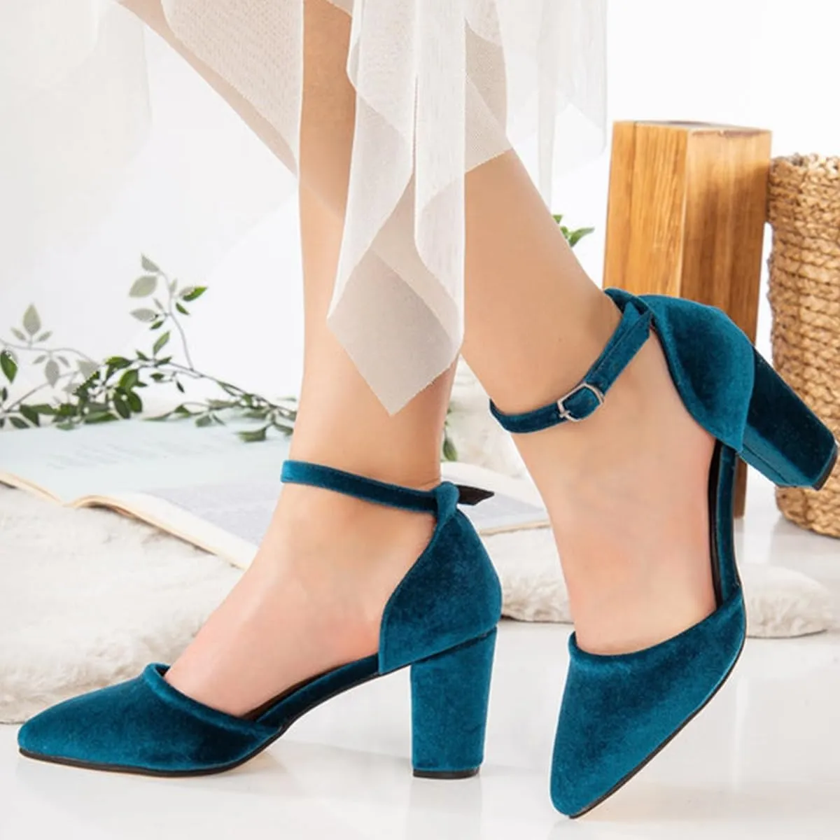 YDN Women's Chunky Mid Heel Pumps Ladies Pointed Toe D'Orsay Adjustable Buckled Ankle Strap Dress Prom Daily Shoes Size 4-16 US