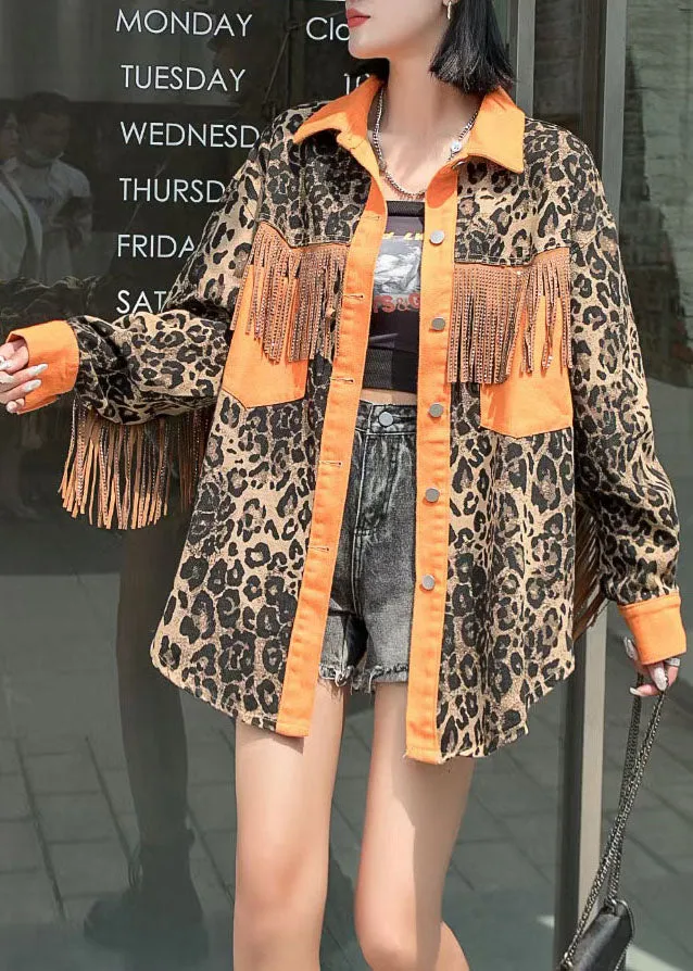 Yellow Tasseled Leopard Patchwork Denim Coat