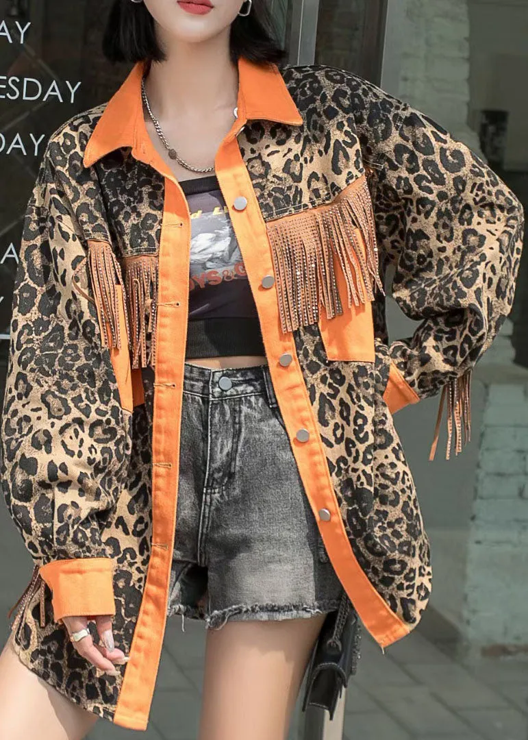 Yellow Tasseled Leopard Patchwork Denim Coat