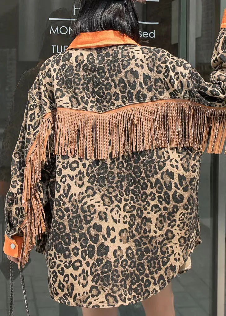 Yellow Tasseled Leopard Patchwork Denim Coat