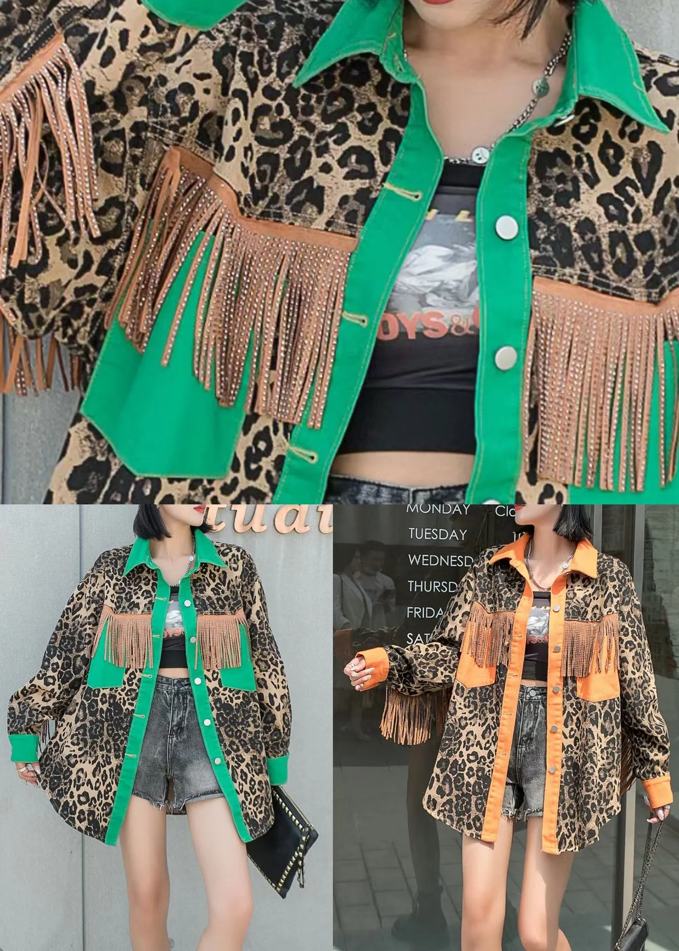 Yellow Tasseled Leopard Patchwork Denim Coat