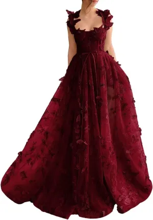 YUAOHUANG Corset Long Tulle Prom Dresses Butterfly Prom Dress for Women Lace Applique Fairy Ball Gown Butterfly Gowns