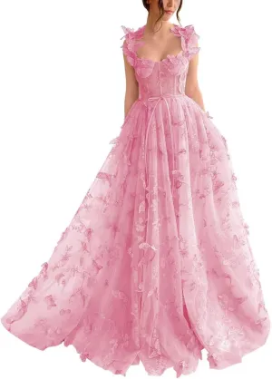 YUAOHUANG Corset Long Tulle Prom Dresses Butterfly Prom Dress for Women Lace Applique Fairy Ball Gown Butterfly Gowns