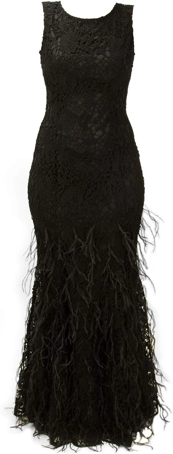 Zac Posen Women's Lace Feather Evening Gown 8 Black