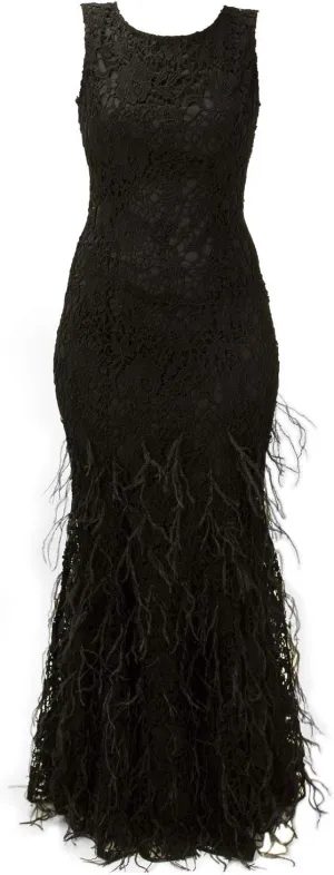 Zac Posen Women's Lace Feather Evening Gown 8 Black