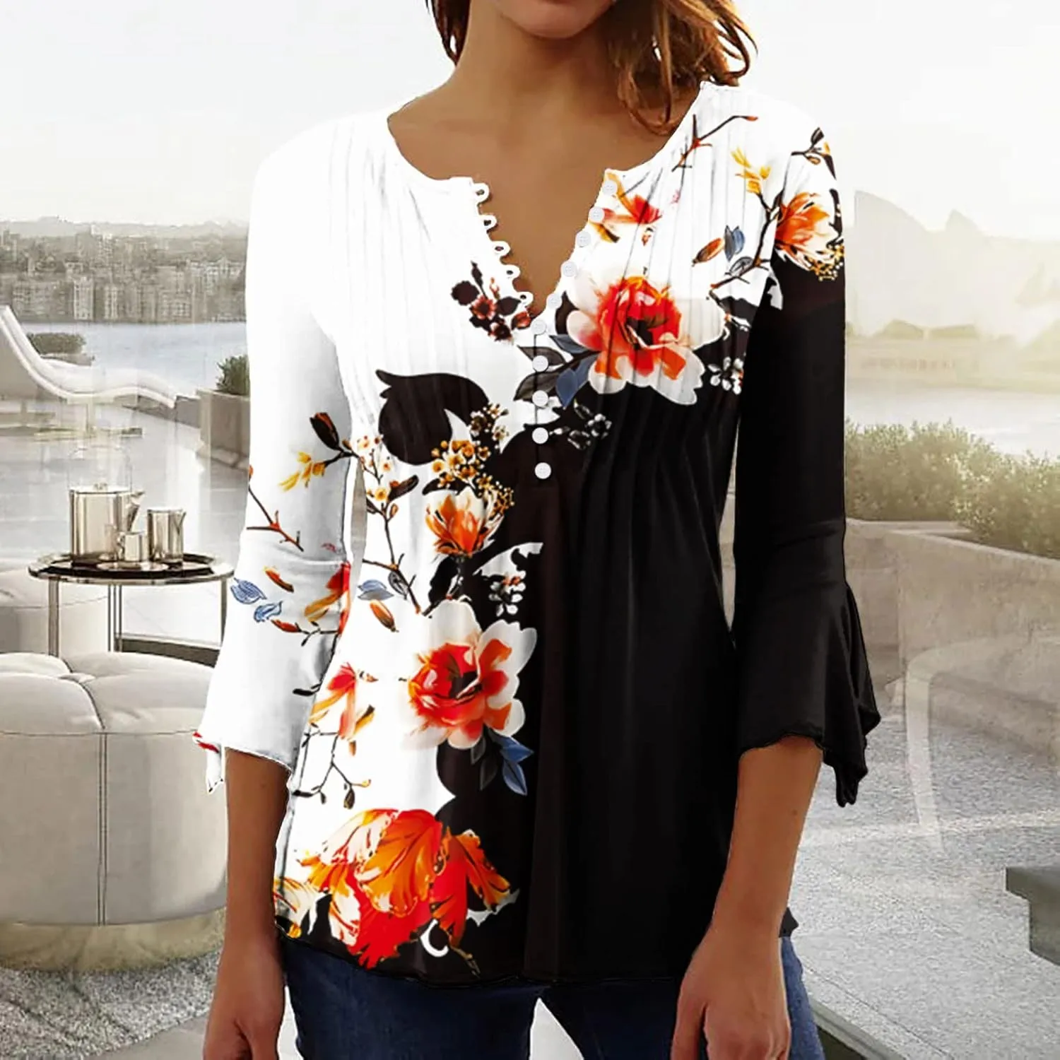 ZDRZK Tunic Tops for Women Loose Fit Dressy Casual 3/4 Bell Sleeve Button Down Henley Shirts Boho Floral Print Summer Blouses
