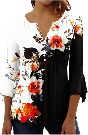 ZDRZK Tunic Tops for Women Loose Fit Dressy Casual 3/4 Bell Sleeve Button Down Henley Shirts Boho Floral Print Summer Blouses