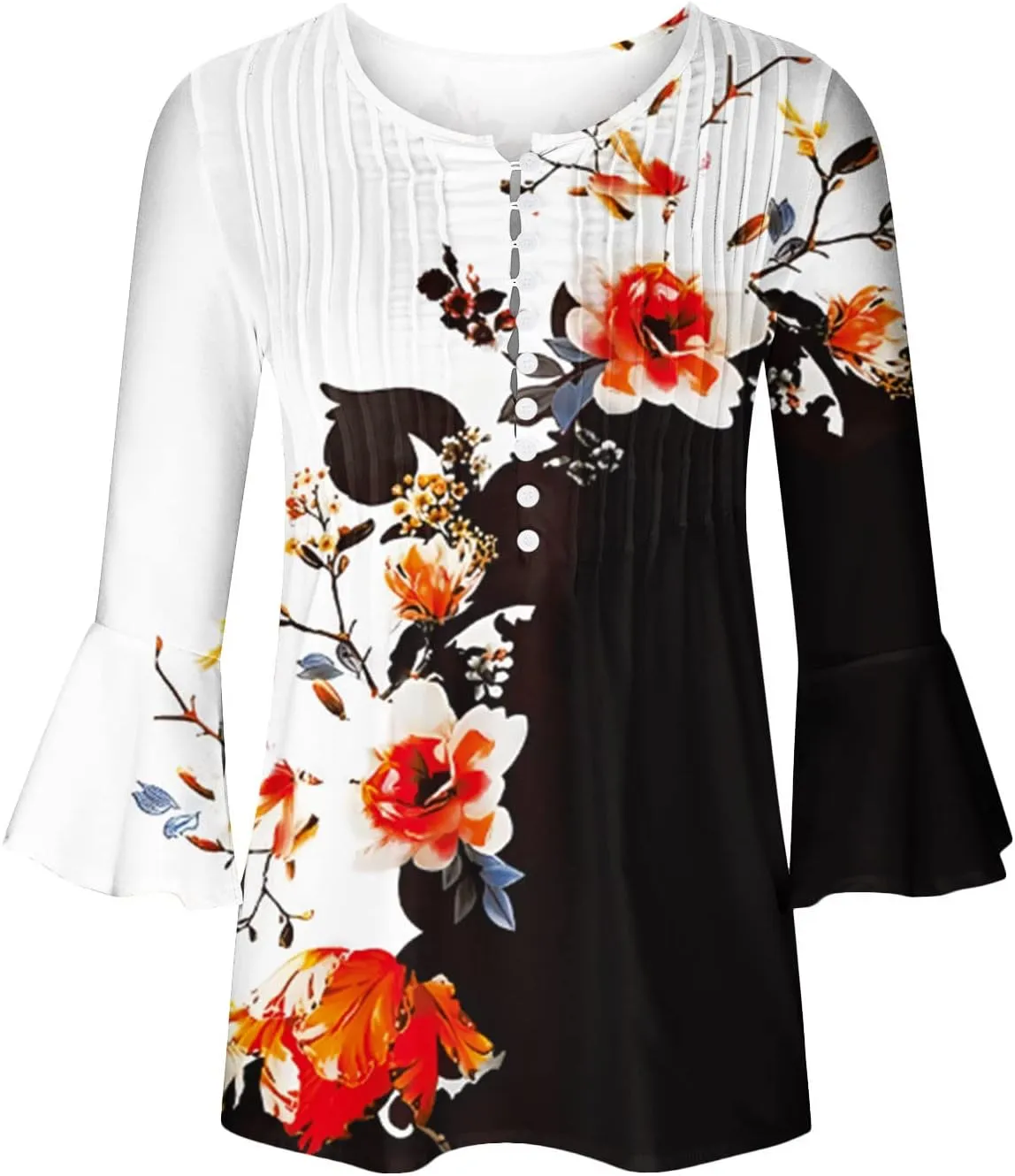 ZDRZK Tunic Tops for Women Loose Fit Dressy Casual 3/4 Bell Sleeve Button Down Henley Shirts Boho Floral Print Summer Blouses
