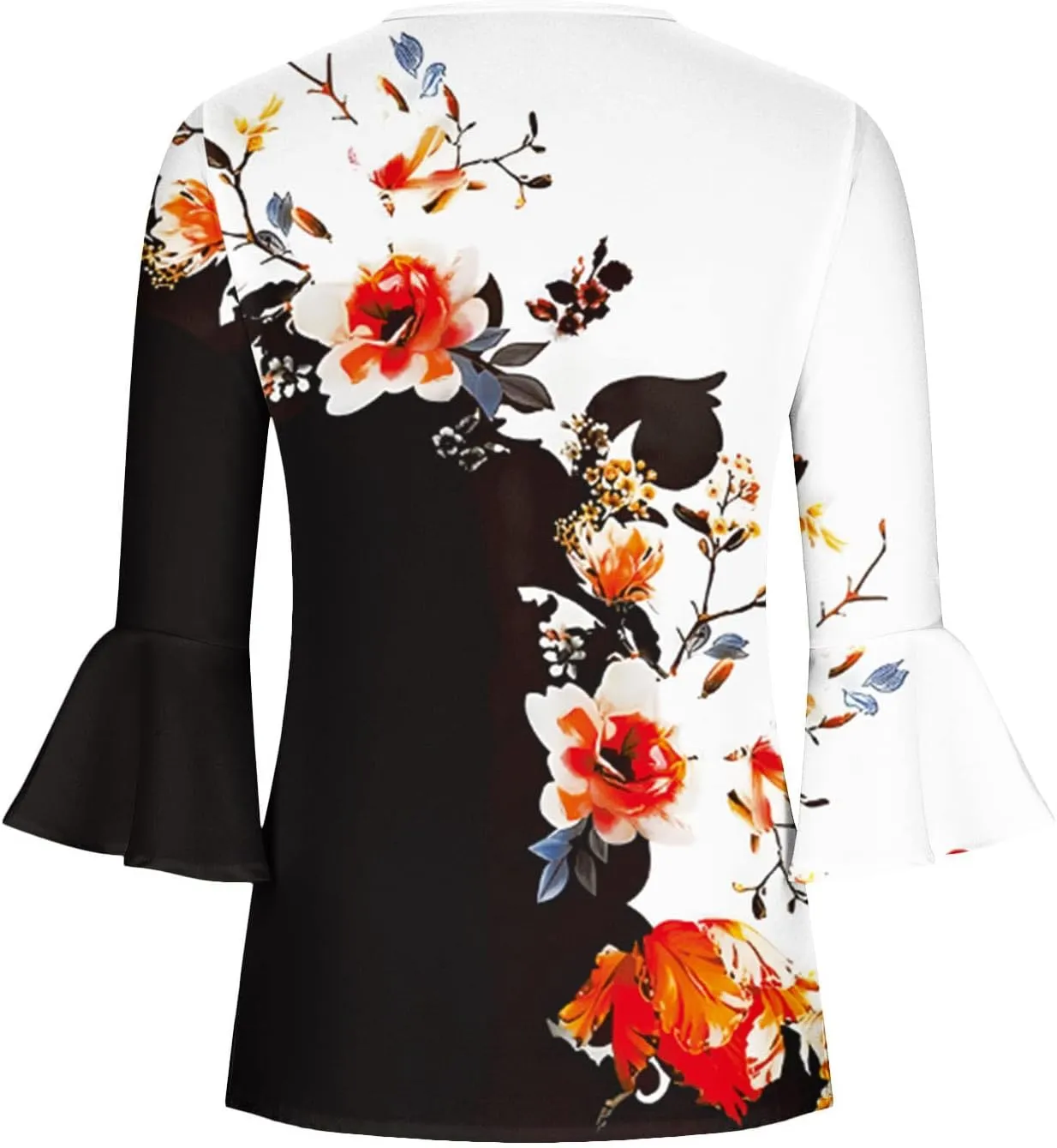 ZDRZK Tunic Tops for Women Loose Fit Dressy Casual 3/4 Bell Sleeve Button Down Henley Shirts Boho Floral Print Summer Blouses