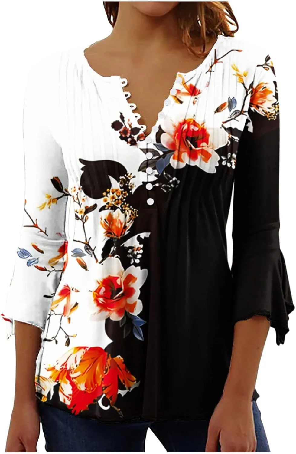ZDRZK Tunic Tops for Women Loose Fit Dressy Casual 3/4 Bell Sleeve Button Down Henley Shirts Boho Floral Print Summer Blouses