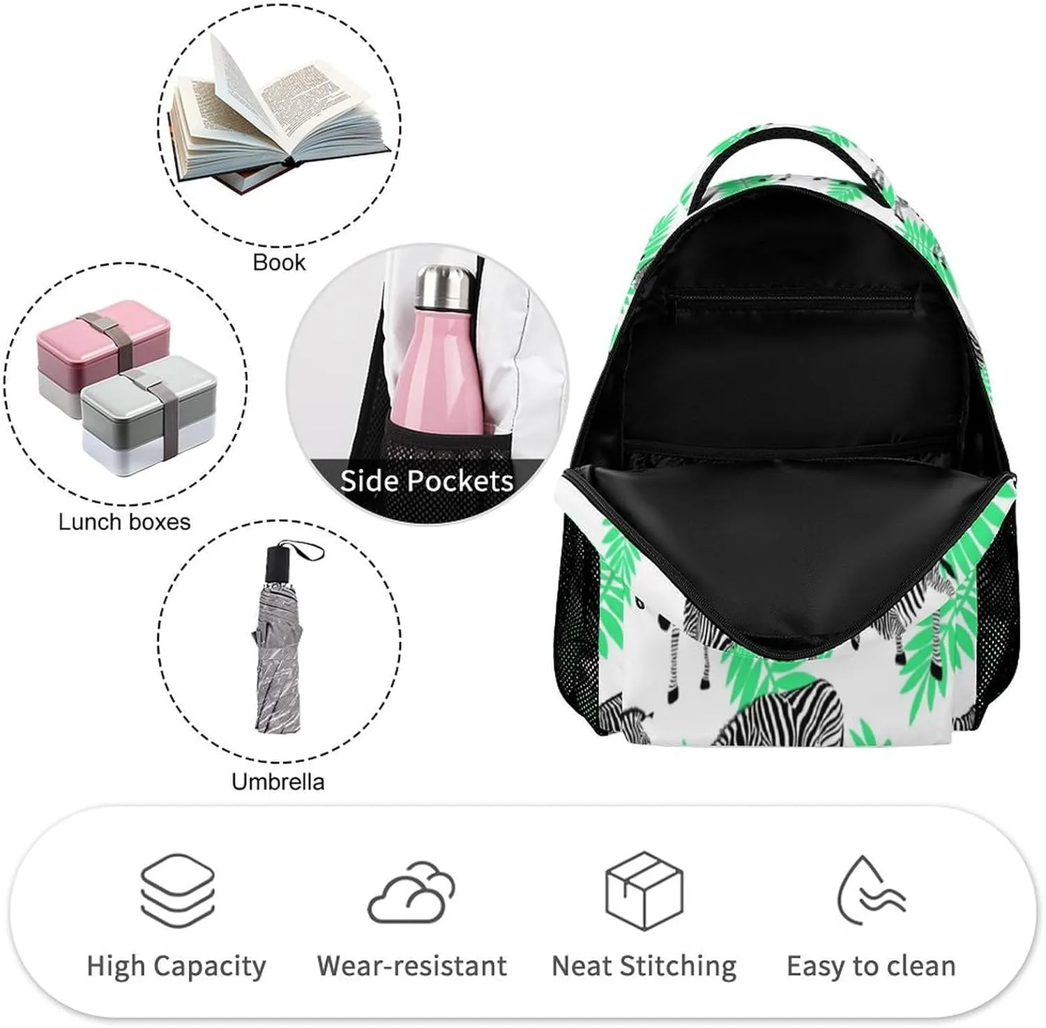 Zebra Backpack for Kids Girls Boys School, 16 Inches Cute Zebras Theme Bookbag, Adjustable, Lightweight, Large Capacity, Colorful Daily Casual Backpacks