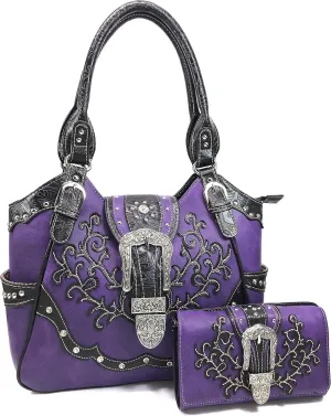 Zelris American Albino Western Floral Buckle Conceal Carry Women Tote Purse Handbag with Crossbody Wallet Set