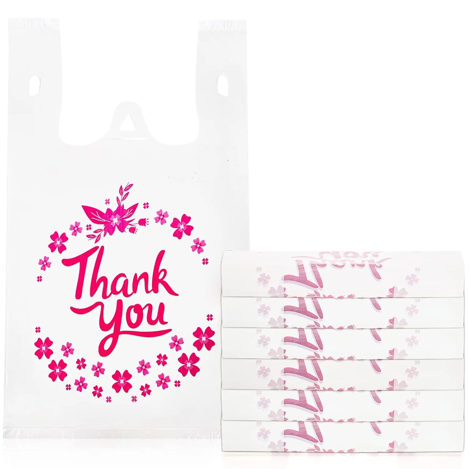 ZENFUN 500 Pack Thank You T Shirt Bags, 15 Mic, 0.6 Mil Bulk White Shopping Bags with Handles, Plastic Grocery Bags To-go for Small Business, Retail, Restaurant, Takeout, 13 x 7 x 23 Inches