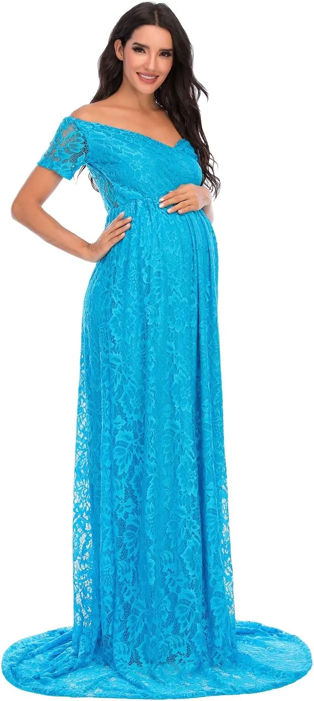 ZIUMUDY Off Shoulder Lace Floral Maternity Gown for Photography Maxi Short Sleeve Baby Shower Bridesmaid Dress