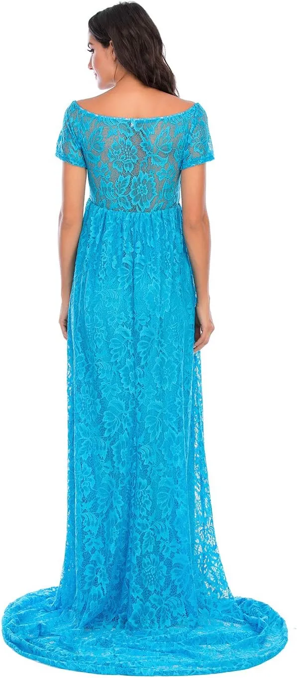 ZIUMUDY Off Shoulder Lace Floral Maternity Gown for Photography Maxi Short Sleeve Baby Shower Bridesmaid Dress