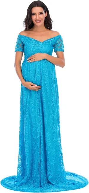 ZIUMUDY Off Shoulder Lace Floral Maternity Gown for Photography Maxi Short Sleeve Baby Shower Bridesmaid Dress