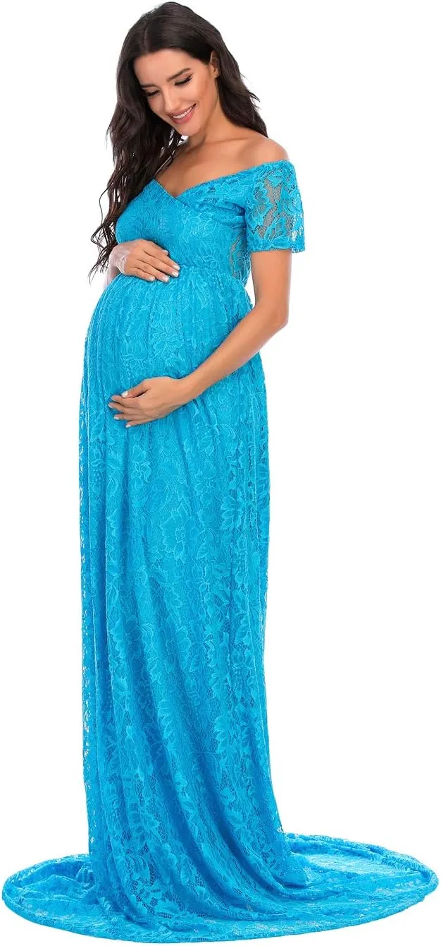 ZIUMUDY Off Shoulder Lace Floral Maternity Gown for Photography Maxi Short Sleeve Baby Shower Bridesmaid Dress