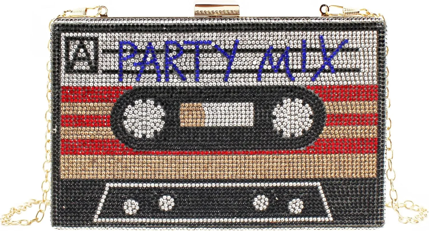 ZLM BAG US Retro Cassette Evening Clutch Purse Crystal Inlaid Bling Crossbody Shoulder Bag for Graduation Wedding Party