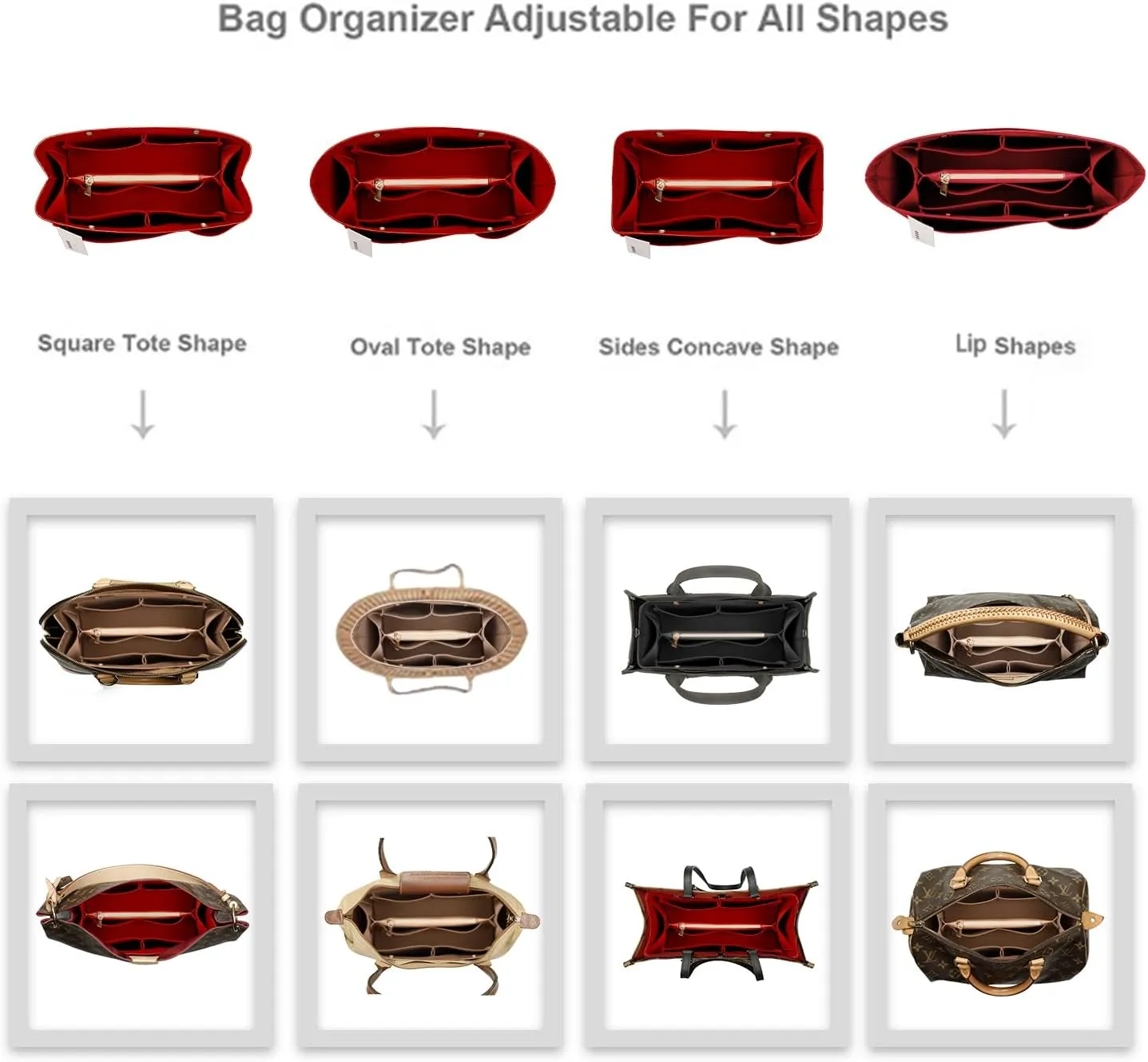 ZTUJO Purse Organizer Insert For Handbags, Silky Bag Organizer With 2 Zippers For Speedy Neverful Tote and More (Red, X-Small)