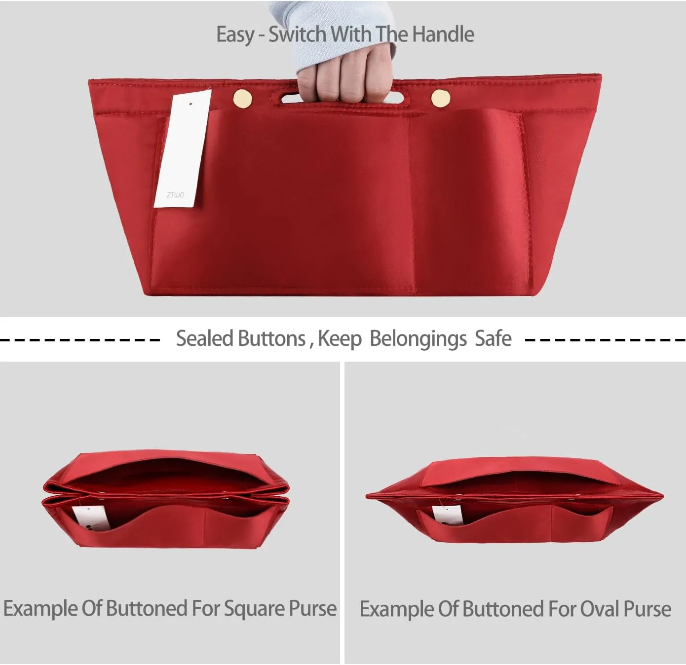 ZTUJO Purse Organizer Insert For Handbags, Silky Bag Organizer With 2 Zippers For Speedy Neverful Tote and More (Red, X-Small)