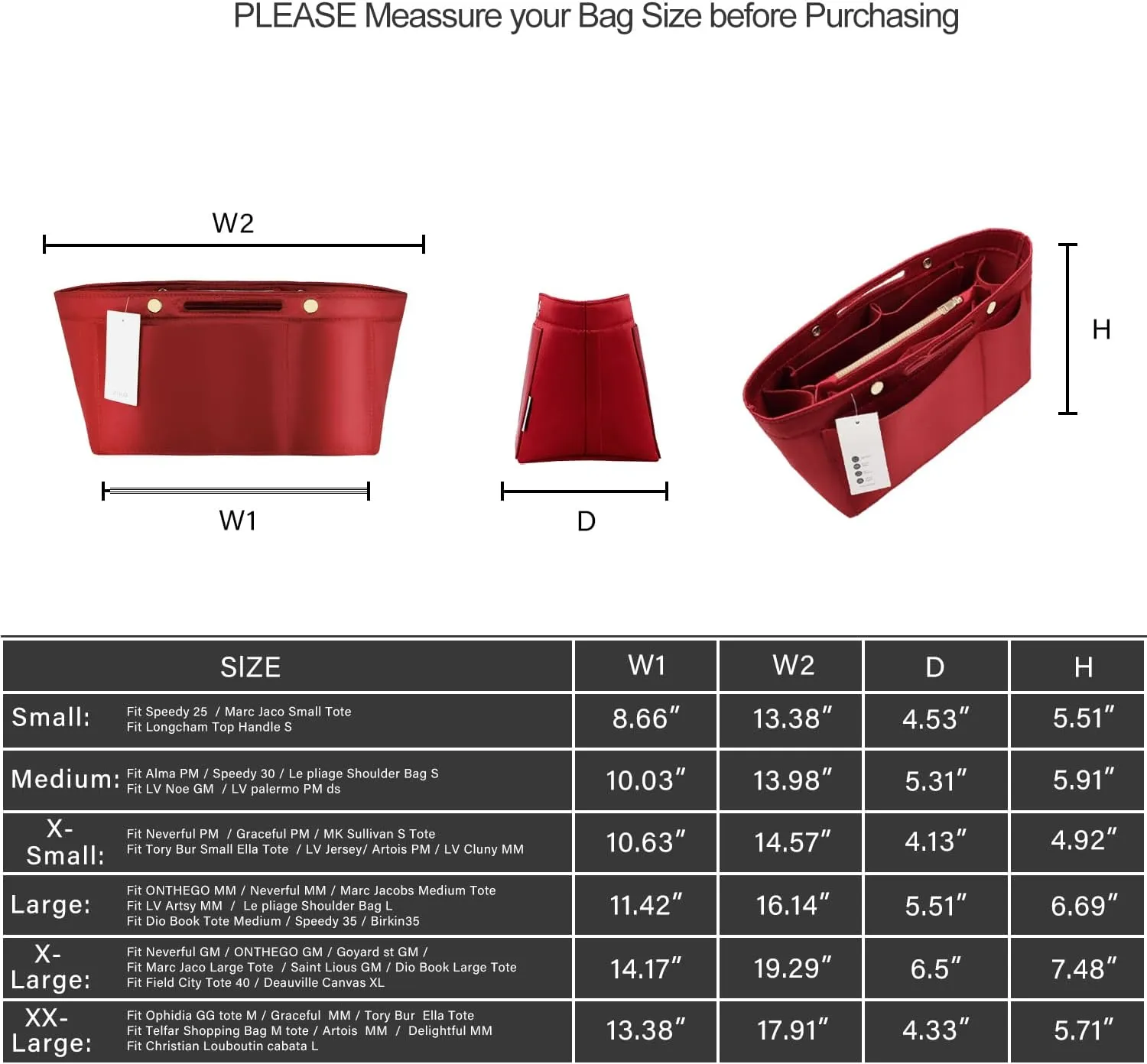 ZTUJO Purse Organizer Insert For Handbags, Silky Bag Organizer With 2 Zippers For Speedy Neverful Tote and More (Red, X-Small)