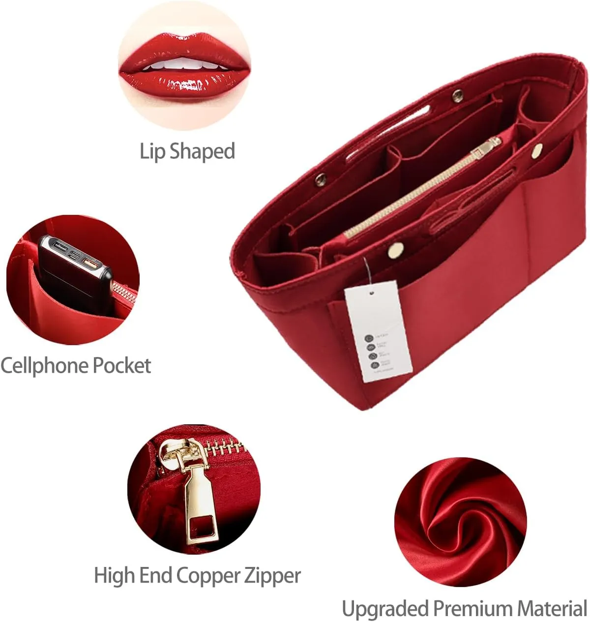 ZTUJO Purse Organizer Insert For Handbags, Silky Bag Organizer With 2 Zippers For Speedy Neverful Tote and More (Red, X-Small)
