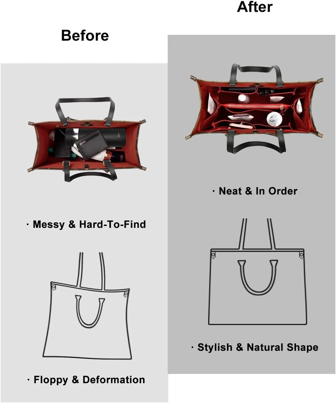ZTUJO Purse Organizer Insert For Handbags, Silky Bag Organizer With 2 Zippers For Speedy Neverful Tote and More (Red, X-Small)
