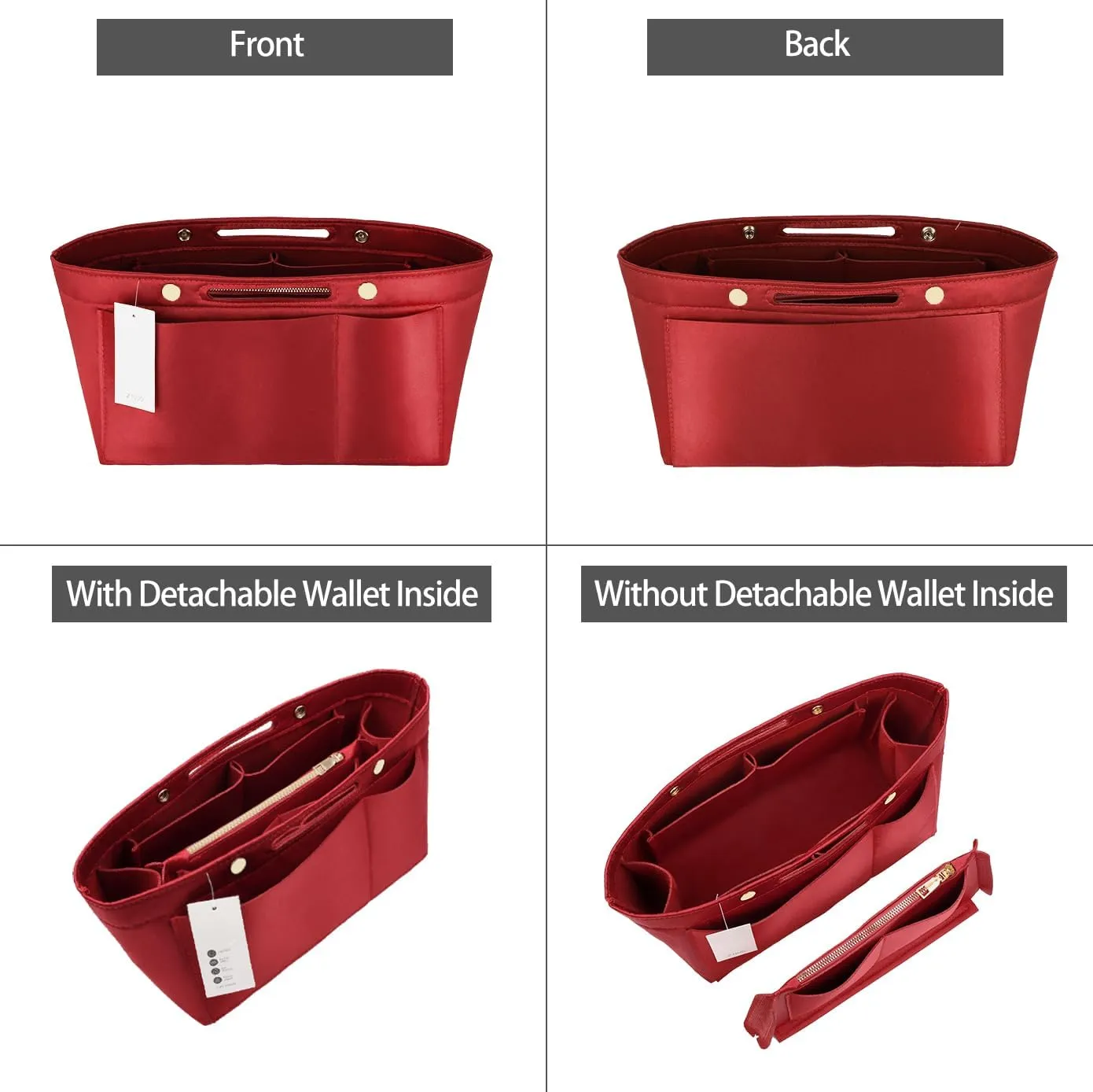 ZTUJO Purse Organizer Insert For Handbags, Silky Bag Organizer With 2 Zippers For Speedy Neverful Tote and More (Red, X-Small)